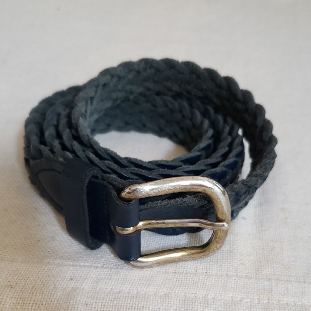 Men's Navy Braided Genuine Leather Belt 42" Long Heavy Buckle Made in Argentina